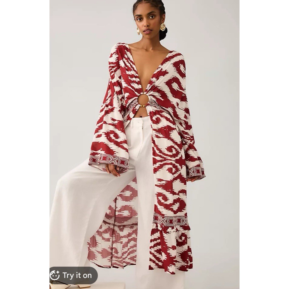 Anthropologie Printed Front Ring Kaftan/ Cover-Up/ Kimono Red Flare Maxi Sz M/L